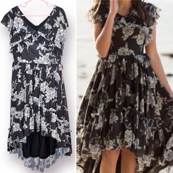 Joyfolie Mia Joy Clarissa Ruffle Dress High Low Hem Black Beige Floral Girls 8 - Picture 1 of 13
